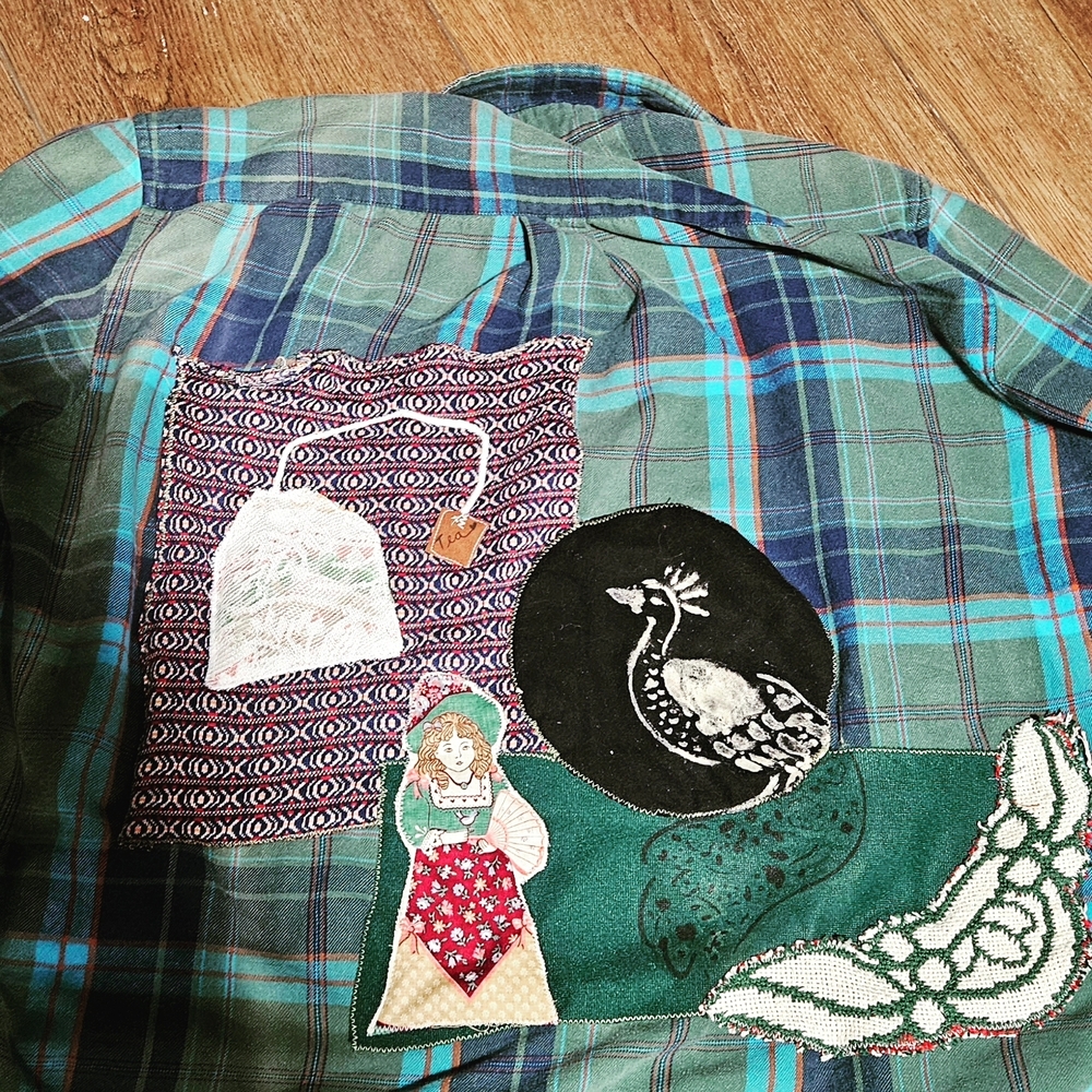 Upcycled St. John's Bay Green&Blue Flannel Button Down Shirt w/collage Patchwork - Picture 2 of 2